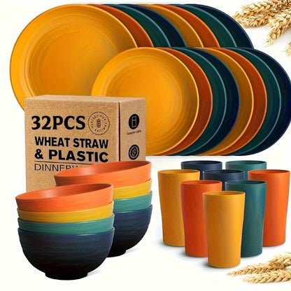 32/16pcs Dinnerware Sets Made from Wheat Straw, Including Plates And Bowls for 8 People, Featuring Black Plastic Dinnerware That Is Safe for Microwave And Dishwasher Use. This Dish Set Is Perfect for Valentine'S Day And Serves As a Durable Party Tab