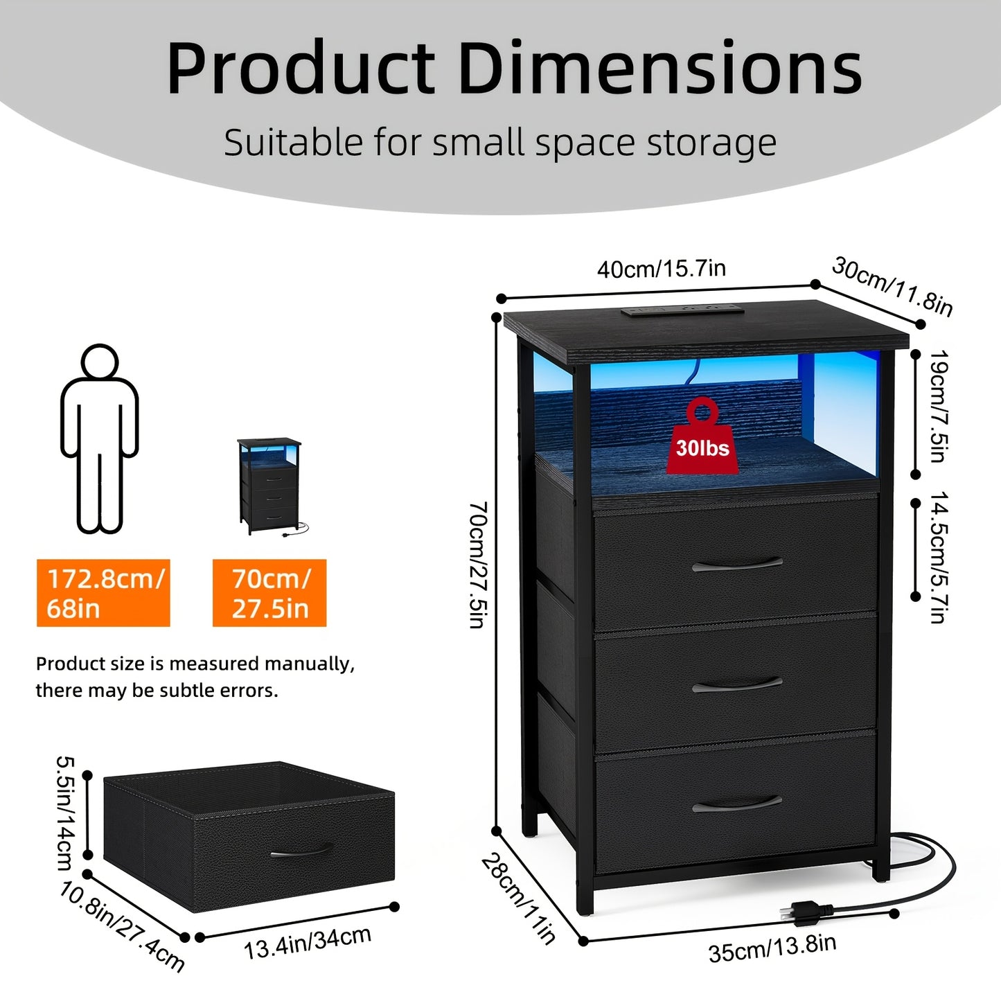 Nightstand with Charging Post, Side Table with USB Port & Socket, End-Table with 3 Drawers & Storage Shelf, Heavy Duty Night Stand, Small Dresser for Small Spaces, School And Dormitory Storage, for Halloween And Christmas, Storage Drawer Units