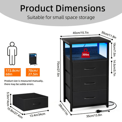 Nightstand with Charging Post, Side Table with USB Port & Socket, End-Table with 3 Drawers & Storage Shelf, Heavy Duty Night Stand, Small Dresser for Small Spaces, School And Dormitory Storage, for Halloween And Christmas, Storage Drawer Units