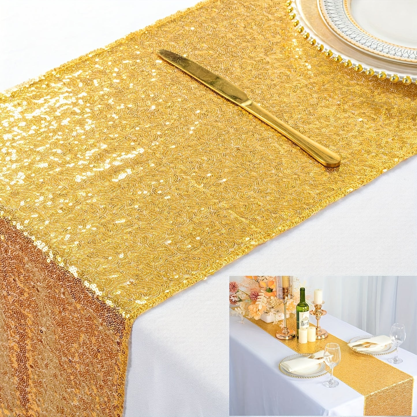 12 Packs Sequin Table Runners Golden Multiple Sizes Long Shiny Table Glittery Party Runner Perfect for Wedding Parties, Birthday Or Dinner Parties, Candy Buffets, And Various Other Parties.