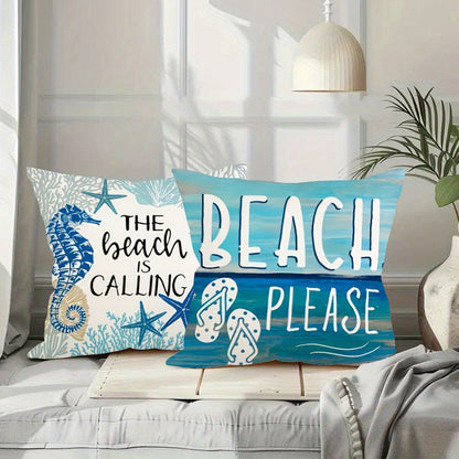 4pcs Set, Summer Ocean Beach Style Pillowcase, 18 Inches, Marine Life Shells Starfish Seahorse Turtle Coastal Outdoor Decorative Pillowcase