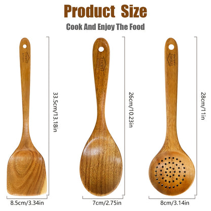 3/5/7Pcs Premium Wooden Kitchen Utensils Kit -Ergonomic Handles Natural Wooden Spoons Spurtle Ladle and Wok Spatulas Heavy-Duty Wooden Utility Set for Non-Stick Pans Heat Resistant Easy to Clean and Durable Kitchen Essentials Cookware Accessories