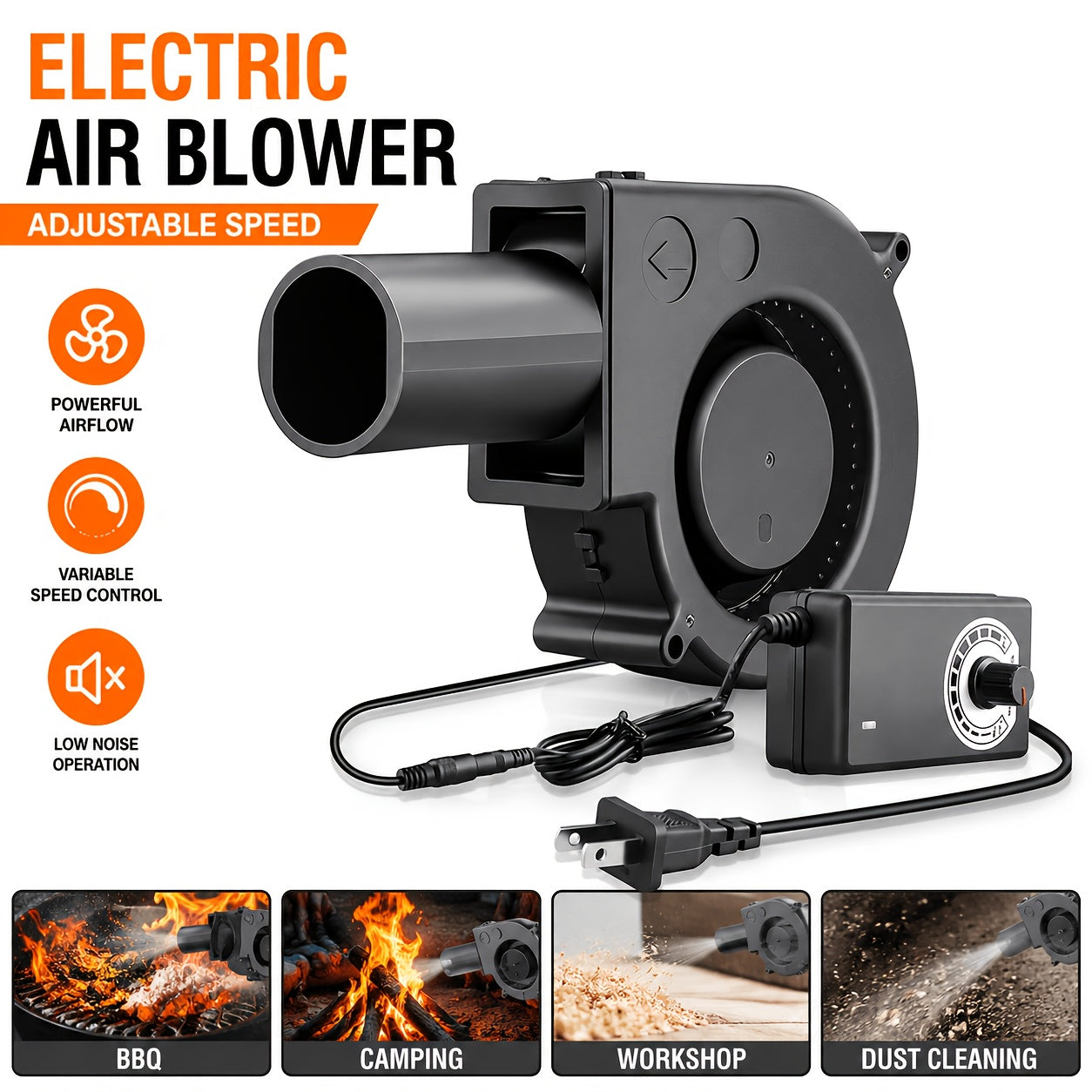 Turbo Blower Set with Adjustable Air Outlet - BBQ Barbecue Stove Firewood Stove Fan, DIY Cooling Ventilation Exhaust Tool Kit with Control Box & Stainless Steel Long Tube