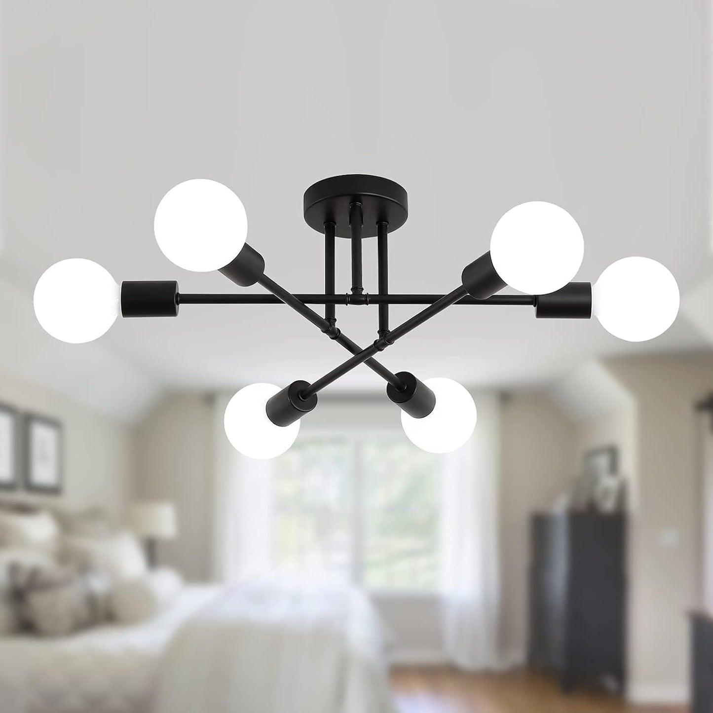Black Modern Sputnik Chandelier Ceiling Light Fixtures, 6-Lights Industrial Metal Semi Flush Mount Ceiling Light Bedroom Dining Room Living Room Kitchen Hallway Listed