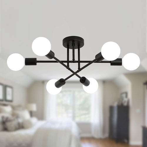 Black Modern Sputnik Chandelier Ceiling Light Fixtures, 6-Lights Industrial Metal Semi Flush Mount Ceiling Light Bedroom Dining Room Living Room Kitchen Hallway Listed