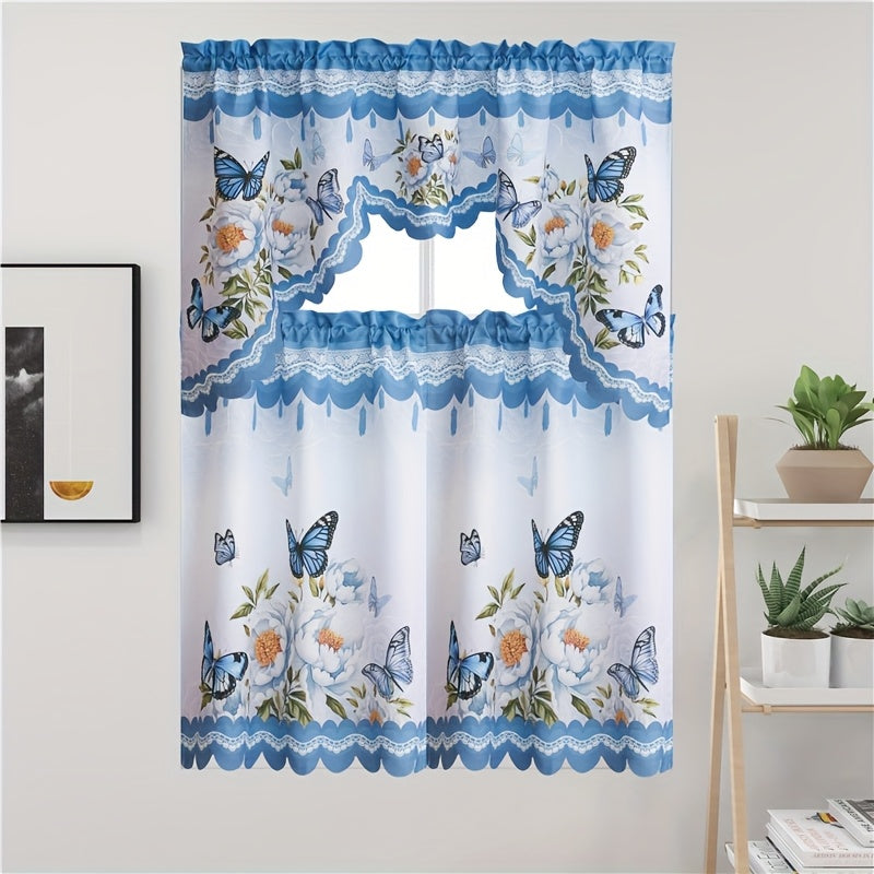 3pcs/set Of Kitchen Curtains for Windows, Polyester Fabric, Printing Process, Beautiful Butterfly Flowers And Butterfly Patterns, Suitable for Kitchen And Restaurant Window Shading, Bathroom, Living Room, Bedroom, Wedding And Party Decoration.