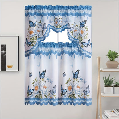 3pcs/set Of Kitchen Curtains for Windows, Polyester Fabric, Printing Process, Beautiful Butterfly Flowers And Butterfly Patterns, Suitable for Kitchen And Restaurant Window Shading, Bathroom, Living Room, Bedroom, Wedding And Party Decoration.
