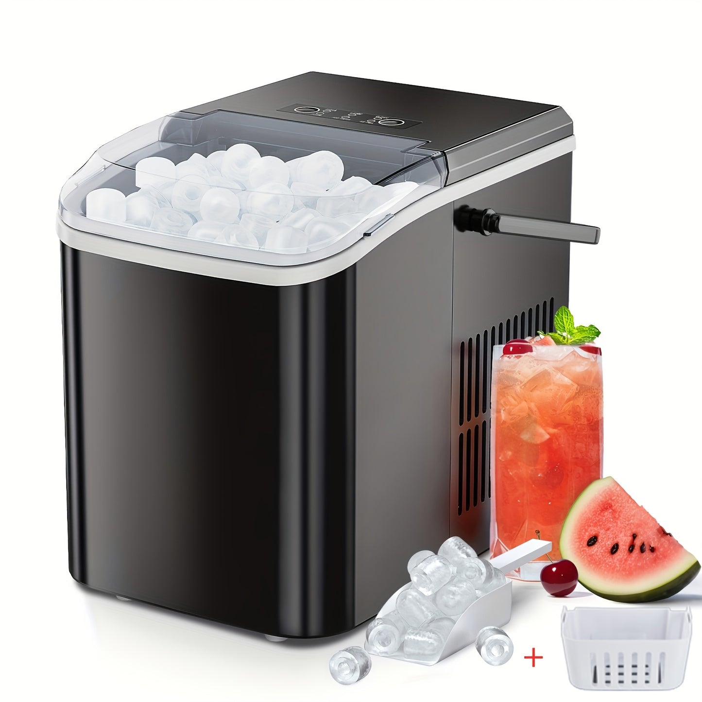 Countertop Ice Maker, Nugget Portable Ice Machine, 9 Bullet Ice Cubes in 6 Mins, 26.6Lbs in 24Hrs Self-Cleaning with Handle, Basket, Scoop for Home, Kitchen/Party/Camping/Rv