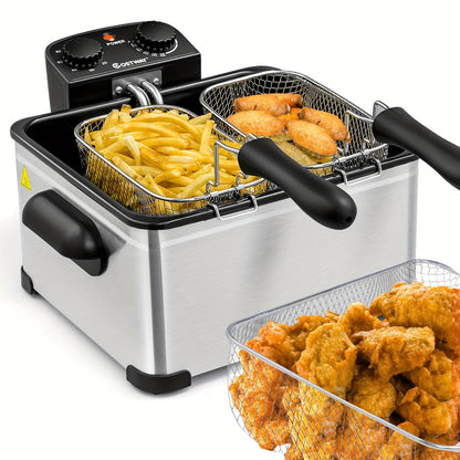Electric Deep Fryer 5.3Qt Triple Basket 1700W Stainless Steel with Adjustable Temperature, 60-Min Timer & View Window Lid for Home Kitchen