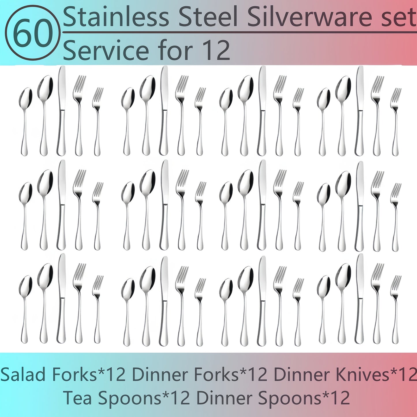 Flatware Set for 12, 60-Piece 304 Stainless Steel Cutlery Set with Mirror Polish & Titanium Plated Finish — Dishwasher Safe Silverware with Knife, Fork & Spoon | Silver, Gold & Rainbow