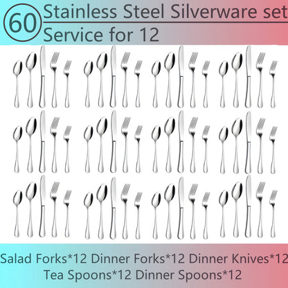 Flatware Set for 12, 60-Piece 304 Stainless Steel Cutlery Set with Mirror Polish & Titanium Plated Finish — Dishwasher Safe Silverware with Knife, Fork & Spoon | Silver, Gold & Rainbow
