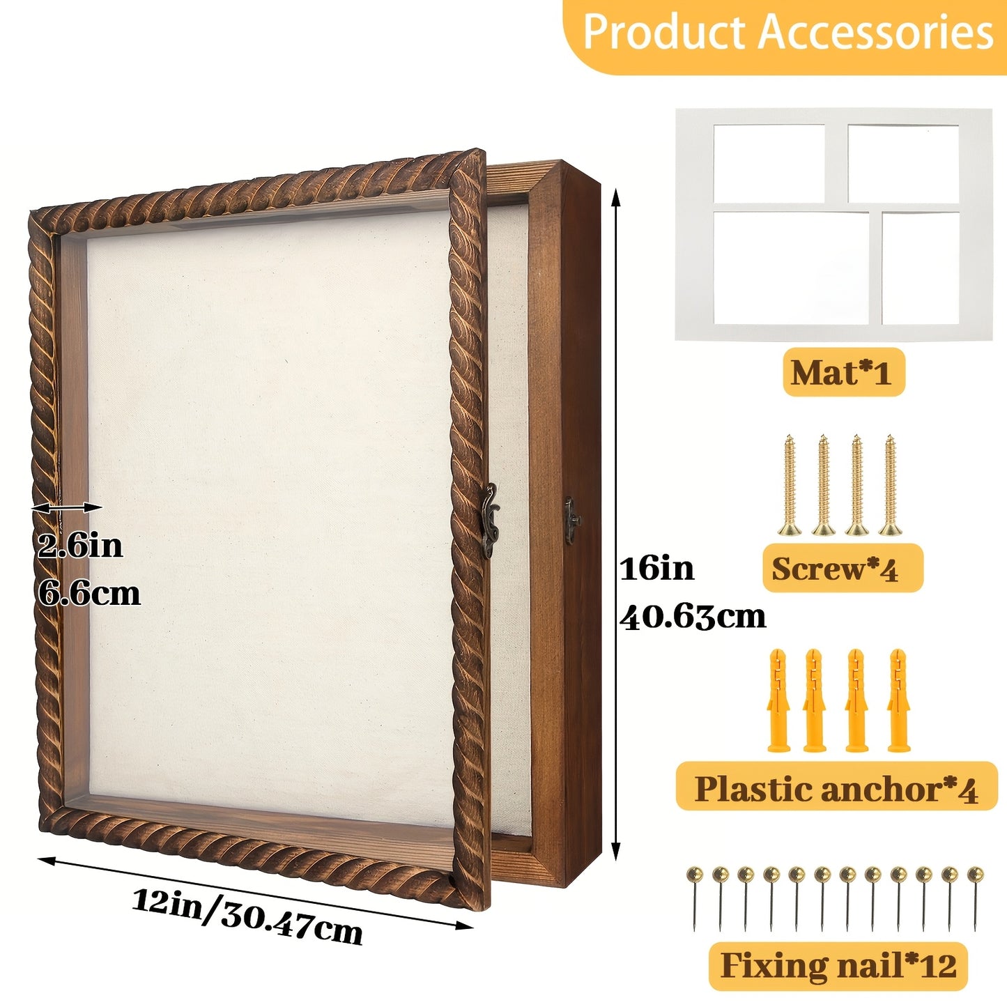Shadow Box Frame with Linen Back – Large Rustic Memory Display Case 11x14 & 12x16 Inch for Photos, Medals, Coins, Pins, Flowers & Collectibles, 4 Removable Shelves, Black White Brown