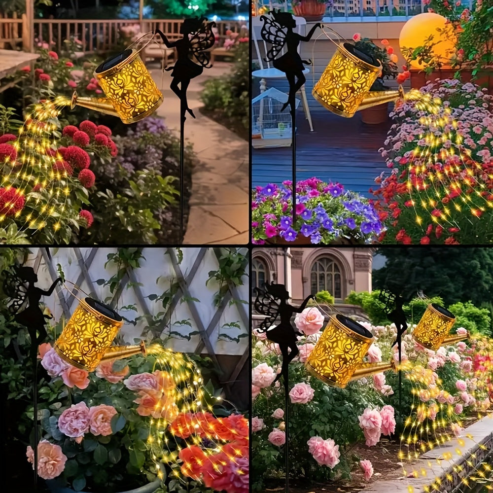Solar Fairy Waterfall Lights for Halloween Decoration, Featuring a Solar Watering Can Lamp Made of Metal. This Garden Decor Includes 36 LED Flowing String Lights And Serves As an Outdoor Solar Stake Lamp. It Is IP65 Waterproof, Suitable for Patios