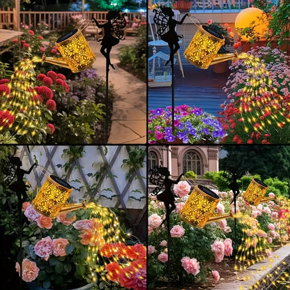 Solar Fairy Waterfall Lights for Halloween Decoration, Featuring a Solar Watering Can Lamp Made of Metal. This Garden Decor Includes 36 LED Flowing String Lights And Serves As an Outdoor Solar Stake Lamp. It Is IP65 Waterproof, Suitable for Patios