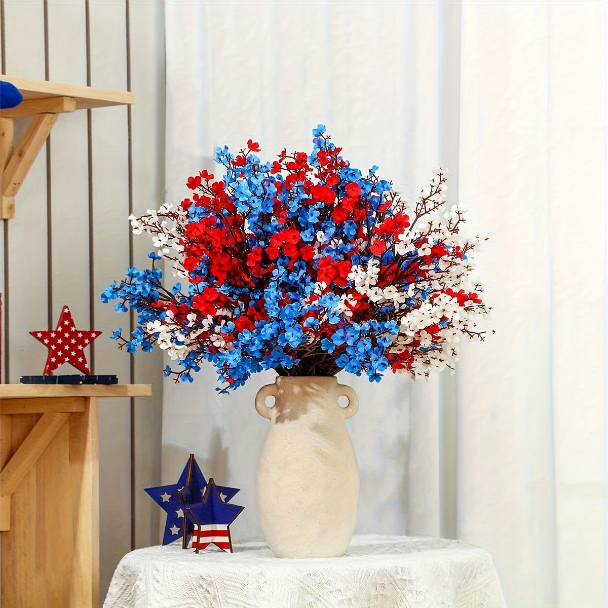 15pcs July 4th Artificial Flowers - Genuine Touching Petals Patriotic Red, White And Blue Flower Arrangements, High-quality Plastic Indoor/outdoor Independence Day Home Decorations, Table Center Decorations, Maintenance-free Holiday Decorations