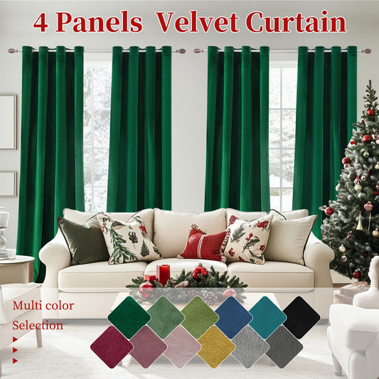 4pcs Luxury Velvet Blackout Curtains - Thermal Insulation & Noise Reduction, Soft Drapes for Living Room and Bedroom Decor, Grommet Top, Christmas Decoration