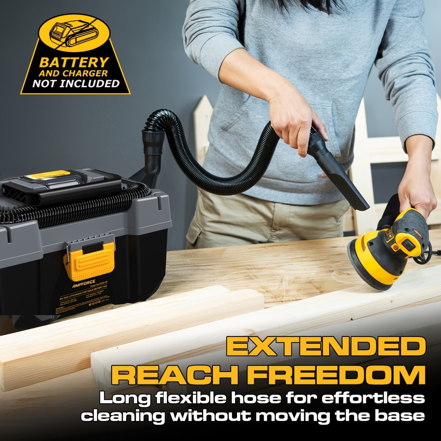 AMPFORCE 20V Cordless Wet/Dry Vacuum Set, 2 Gallon Capacity, Powerful Suction, Compatible With 20V De-WaIt Batteries (Battery Not Included), With Long Hose, Four Nozzles, A Replacement Cartridge, Ideal For Home, Car And Workshop