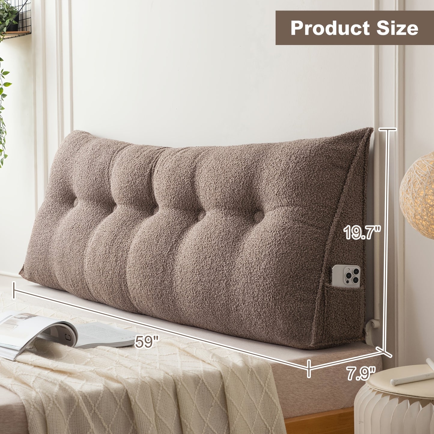 Bed Wedge Pillow Headboard Pillow with Side Pockets Removable Washable Cover Teddy Velvet Reading Pillow Twin Queen King