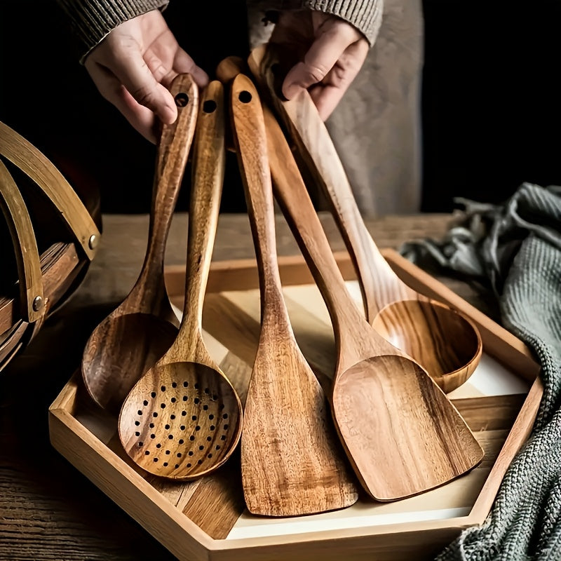 6/10pcs Wooden Kitchen Utensils, Non-Stick Cookware Set, Natural Wooden Spoon, Mixing Spatula And Wok Spatula With Ergonomic Handle, Suitable For Non-stick Pans, Heat-resistant, Easy To Clean And Durable Kitchen Essential Cookware Accessories.