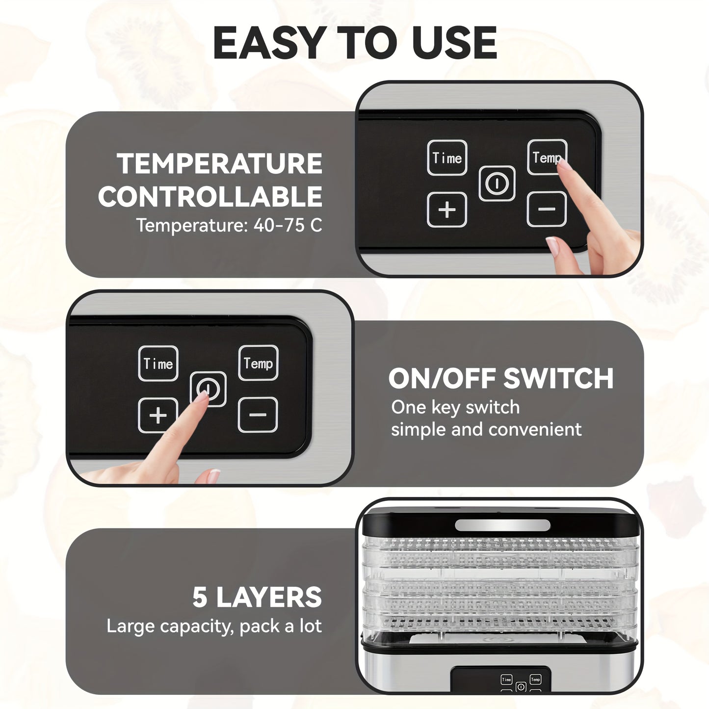 5-Tray Food Dehydrator Machine with Digital Thermostat & Timer, Stainless Suitable for Jerky, Fruits, Herbs, Veggies, Yogurt, Pet Treats - Trays, Energy-Saving, Ultra-Quiet for Home Kitchen, RV, Camping, Raw Diet, Gifts