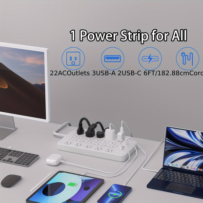 Surge Protector Power Strip With USB C Ports, 6ft Extension Cord With Multiple Outlets, 22 AC Outlets And 5 USB Ports, PD20W Flat Plug, Heavy Duty, Wall Mount, Under Desk