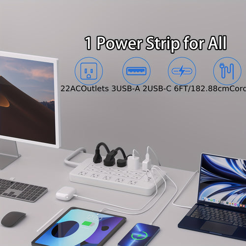Surge Protector Power Strip With USB C Ports, 6ft Extension Cord With Multiple Outlets, 22 AC Outlets And 5 USB Ports, PD20W Flat Plug, Heavy Duty, Wall Mount, Under Desk