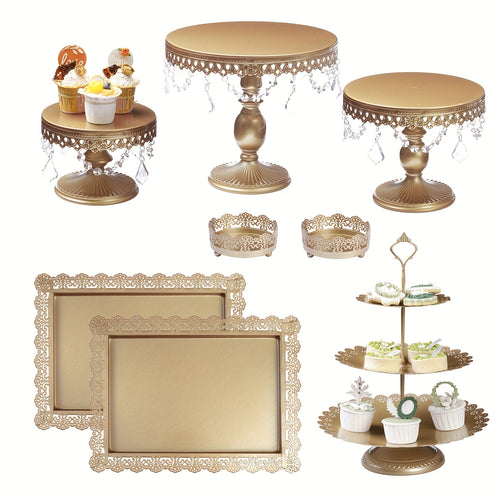 Set of 8 Golden Cake Stands with Crystal Bling Pendants, Round Metal Dessert Table Display Set, 3-Tier CupCake Tower Displaying Table for Birthday Party Baby Shower Wedding Decor Christmas Decorations