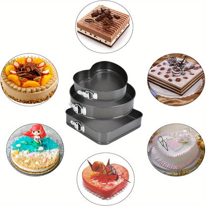 3/6pcs Non-Stick Durable Cake Baking Pan Set, with Removable Bottom Cake Molds, Carbon Steel Round and Heart-Shaped Baking Pans, Easy-Release Kitchen Springform Pan Set, Black