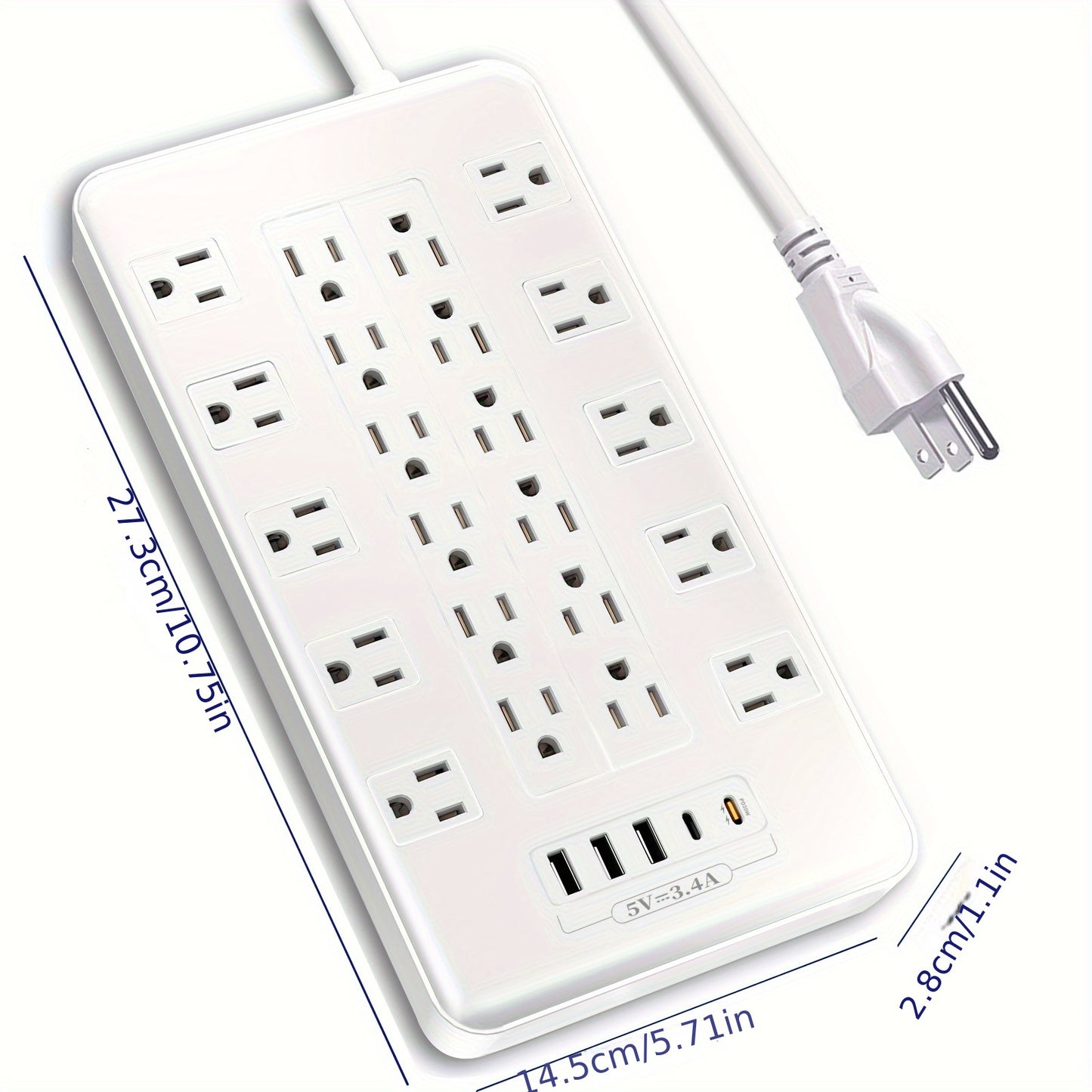 Surge Protector Power Strip With USB C Ports, 6ft Extension Cord With Multiple Outlets, 22 AC Outlets And 5 USB Ports, PD20W Flat Plug, Heavy Duty, Wall Mount, Under Desk
