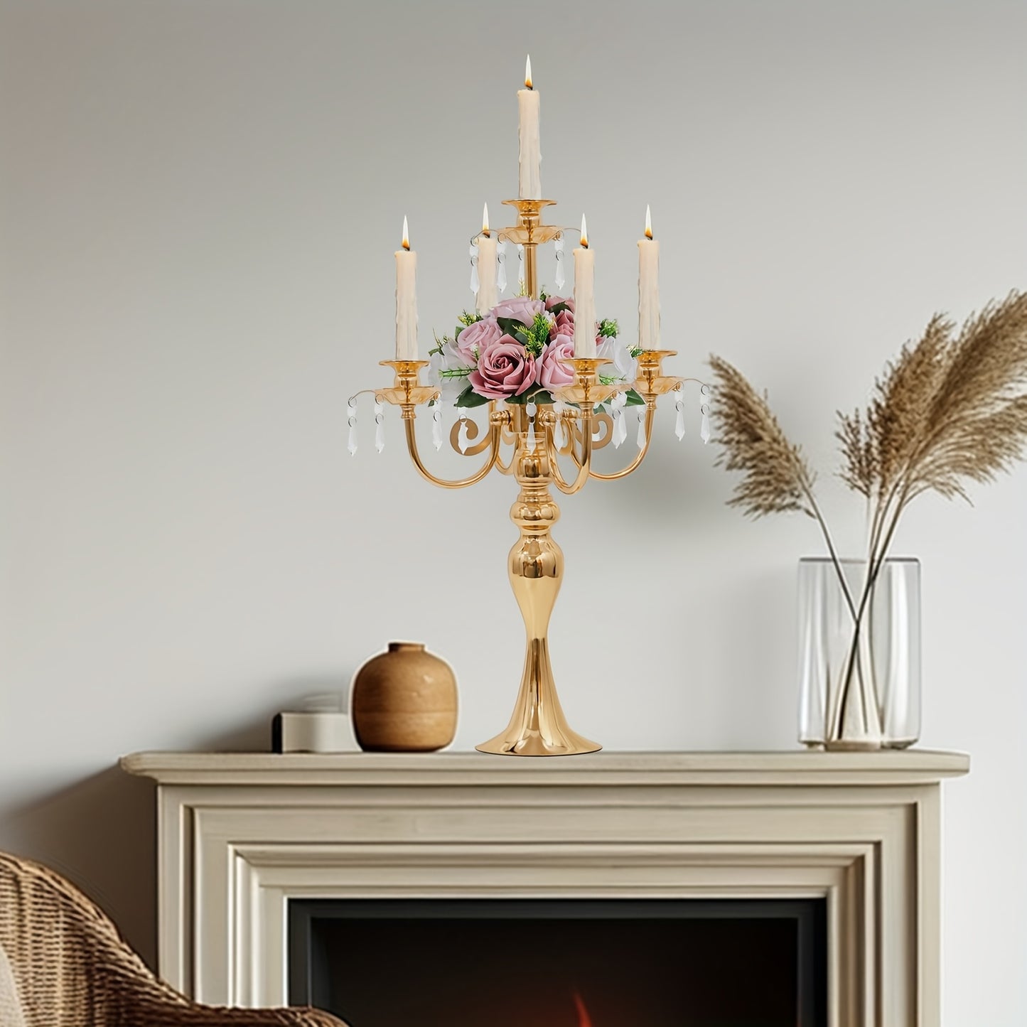Metal Candelabra Centerpiece 2 Pack – 5-Arm Golden Taper Candle Holder Stand 20.3" Tall for Wedding Table Decor, Party, Church, Dining Room, Christmas & Halloween Vintage Event Decoration