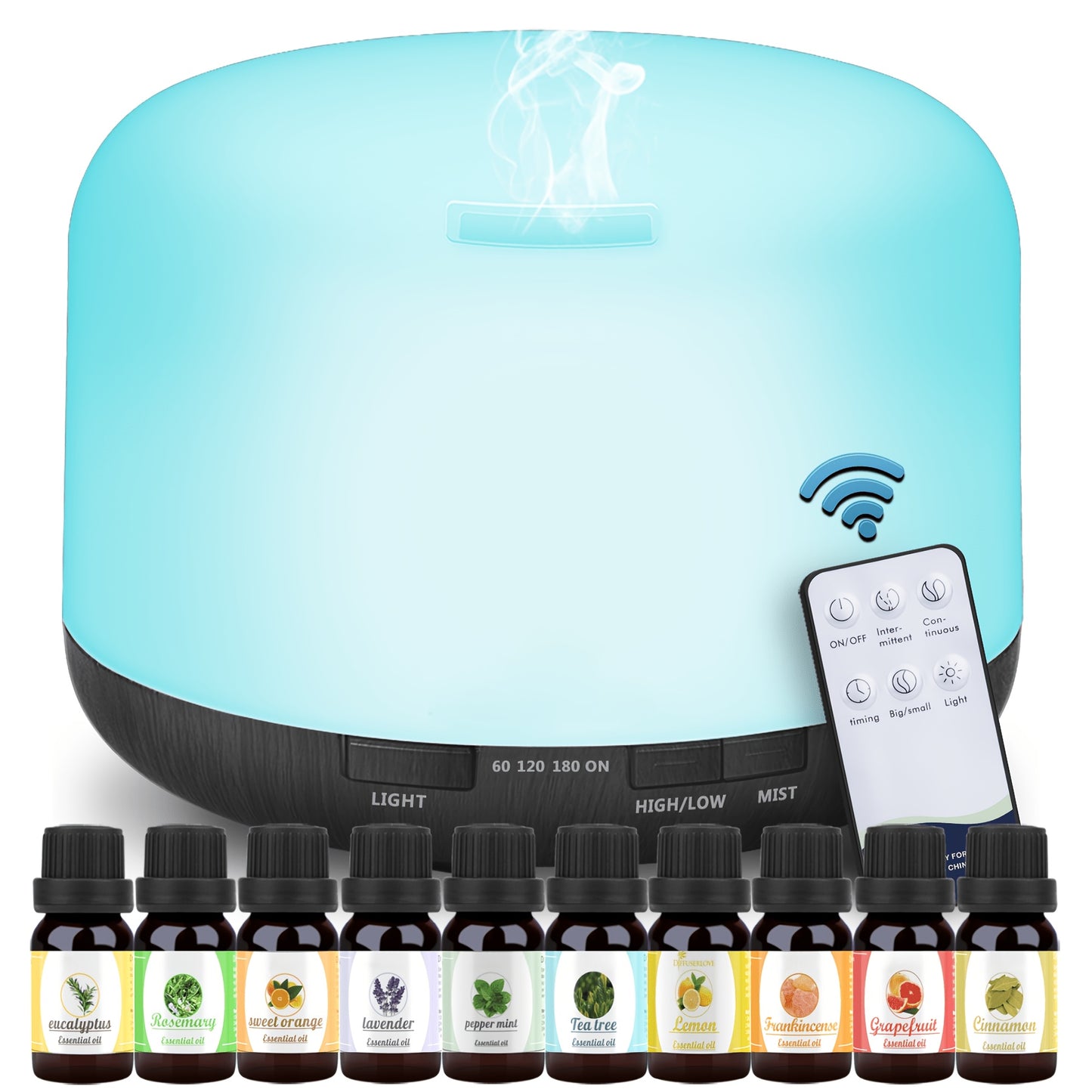 Essential Oil Diffuser 16.91oz with 10 Essential Oils, Diffuser Sprayer, 7 Color LED Light Diffuser for Home Office Bedroom (Size: 6.7" L X 6.7" W X 4.7" H), Home Lamps
