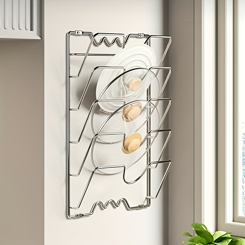 1pc Of A Sturdy Metal Organizer for Hanging Pot Lids, Designed As A Multi-Level Wall-Mounted Storage Solution for Pots And Lids, Ideal for Saving Space In Kitchens At for Home Or In Restaurants