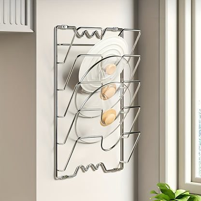 1pc Of A Sturdy Metal Organizer for Hanging Pot Lids, Designed As A Multi-Level Wall-Mounted Storage Solution for Pots And Lids, Ideal for Saving Space In Kitchens At for Home Or In Restaurants
