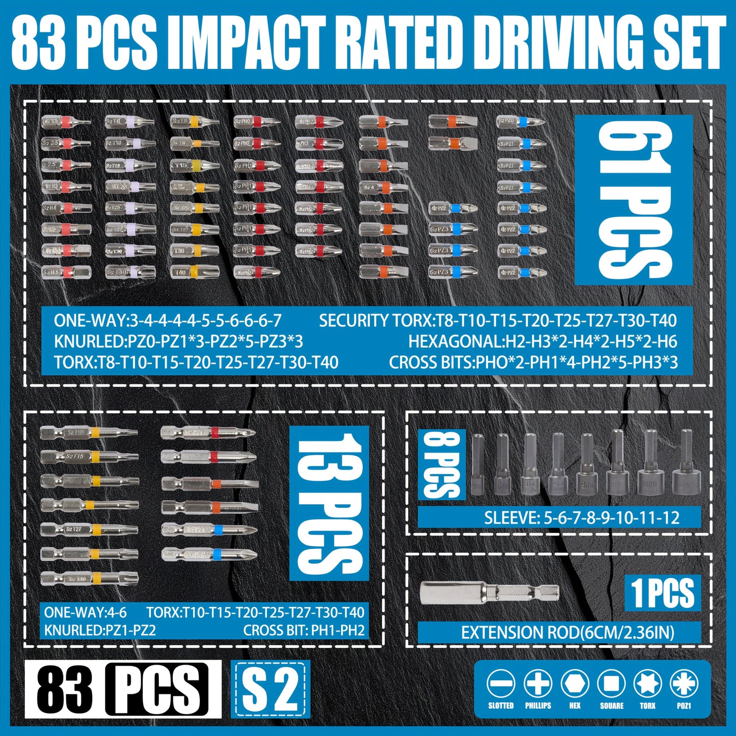 83pcs Impact Driver Drill Bit Set - S2 Steel Cross Slotted, Square, Star, Hex, And Torx Bits - Ideal for Home Improvement And DIY Projects, Magnetic Drill Holder | Durable Drill Bits | Drill Bits Set