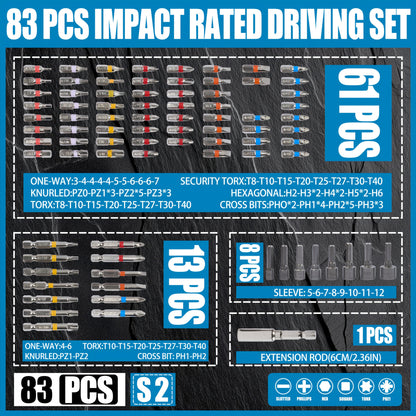 83pcs Impact Driver Drill Bit Set - S2 Steel Cross Slotted, Square, Star, Hex, And Torx Bits - Ideal for Home Improvement And DIY Projects, Magnetic Drill Holder | Durable Drill Bits | Drill Bits Set