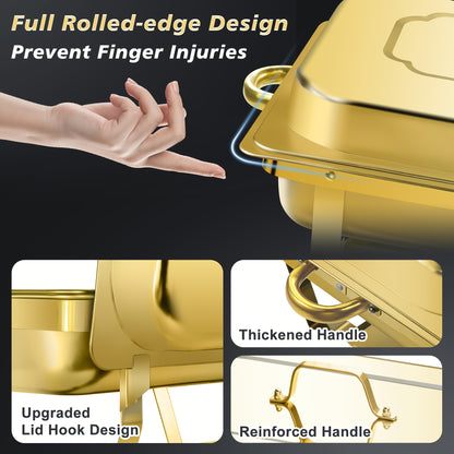 1 & 4 Pack Chafing Dishes for Buffet, 8QT Golden Chafing Dish Buffet Set Full Size, High Grade Stainless Steel Chafers And Buffet Warmers Sets with All-Golden Serving Tongs, Food Warmers for Parties(Only for Cooking), Only for Cooking
