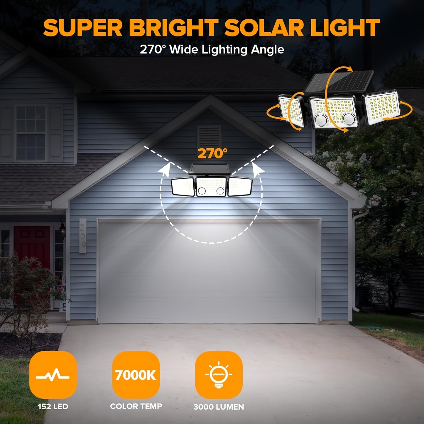 Solar Motion Sensor Light Outdoor – 3000LM 7000K 152 LED Flood Light with Dual Sensor, IP54 Waterproof, 270° Wide Angle & 3 Modes for Garden, Fence & Eaves (2 or 4 Pack)