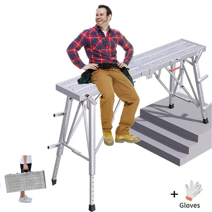 Work Platform Adjustable Folding Scaffolding Portable Step Ladder Height Drywall Bench Heavy Duty Load Capacity for RV Cleaning Painting Car Washing Decorating
