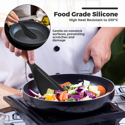 The Ultimate Silicone Kitchen Tool Set: 2/4pcs 12-Inch Utensils for Frying, Baking, Mixing & Serving - Wood Handle Stay-Cool Grip, Perfect for Non-Stick Cookware