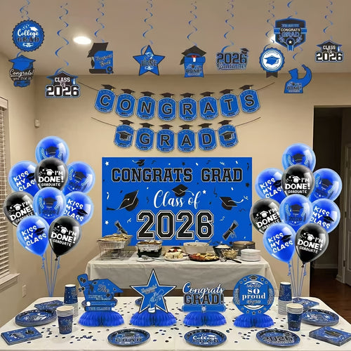 2026 Large Size Graduation Decorations Set- Class Of 2026 Graduation Party Decorations, Congrats Grad Banner, Backdrop, Grad Hanging Swirl, And Honeycomb Table Toppers, Graduation Party Supplies Party Packk