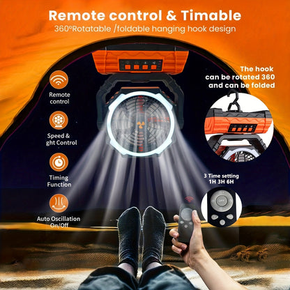 Portable Camping Fan with Dual Motors LED Light & Remote Control, Solar Powered Outdoor Fan with Hook for Tent Work Site Power Outage, Camping Accessories