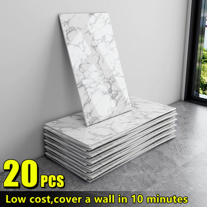 20/40/60-Pack Self-Adhesive Marble Wall Panels Set -Oversized White &Grey/Black Marble Sheets, Peel & Stick Removable Vinyl Planks, Bathroom, Kitchen, Living Room-Glossy Finish, Easy Install/Remove, Reusablelmitation Stone, DIY Home Decor
