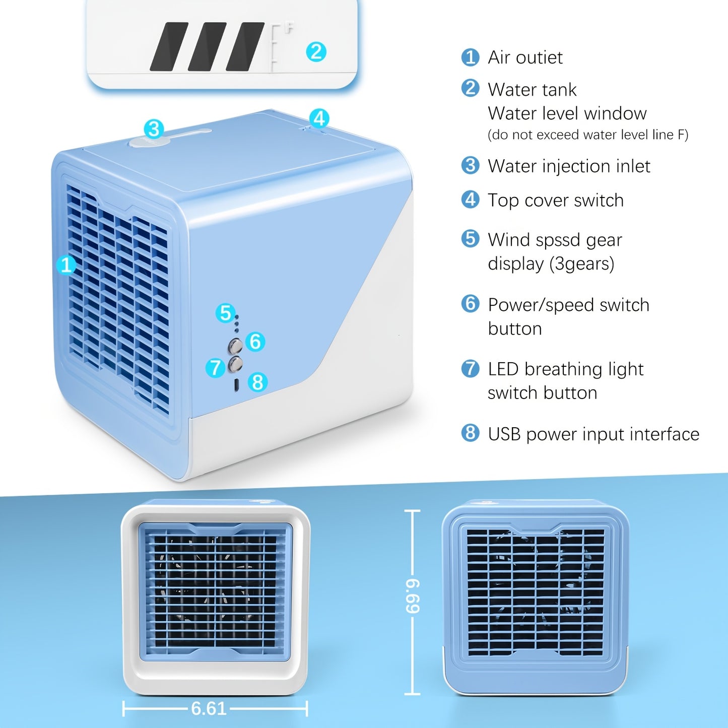 3-in-1 Portable Air Conditioner, Humidifier & Fan with Atmosphere Light - USB-Powered Compact Cooler for Home, Office, Travel - Fast Cooling, Durable ABS Design, Energy-Efficient, Cooling Fan Portable, Home Air Cooler, Sleek Design, Sturdy Build, Small Sp