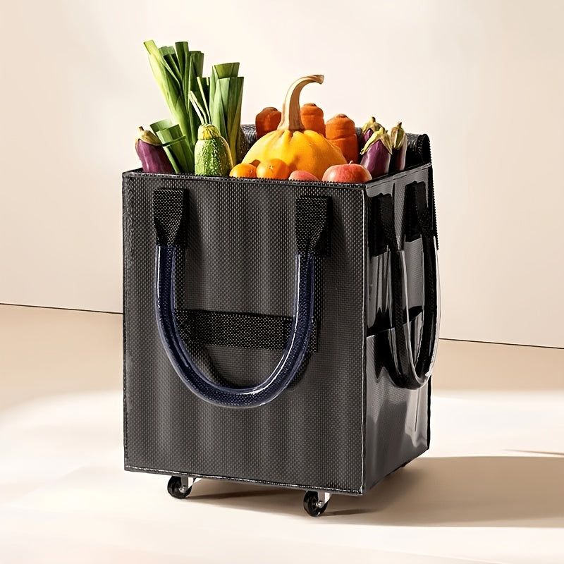 16 Gallon Extra Large Rolling Grocery Bag with Wheels, 60L Heavy Duty Foldable Shopping Cart, Waterproof Thickened Material Travel Tote, Metallic Rose Golden/Black/Silver Multi-Functional Utility Bag