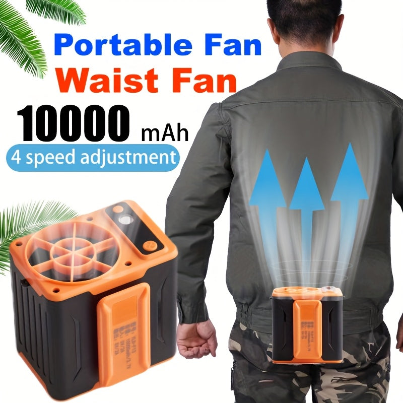 USB Portable Fan 10000mAh Rechargeable, Mini Waist Fan with, Max 22H Working Time, 4 Speeds 8000RPM Strong Airflow Wearable Personal Clip Fan Belt Fan for Outdoor, Jobsite, Farms, Traveling, Fishing