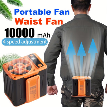 USB Portable Fan 10000mAh Rechargeable, Mini Waist Fan with, Max 22H Working Time, 4 Speeds 8000RPM Strong Airflow Wearable Personal Clip Fan Belt Fan for Outdoor, Jobsite, Farms, Traveling, Fishing