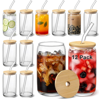 Multi-Piece Glass Set | 16Oz Coffee Mug With Lid & Straw, Mason Jar Mug, Iced Coffee Mug, Glass With Bamboo Lid, Cute Reusable Mug, Holiday Gifts, Souvenirs, Bbq Drinking Mugs - Aricpork