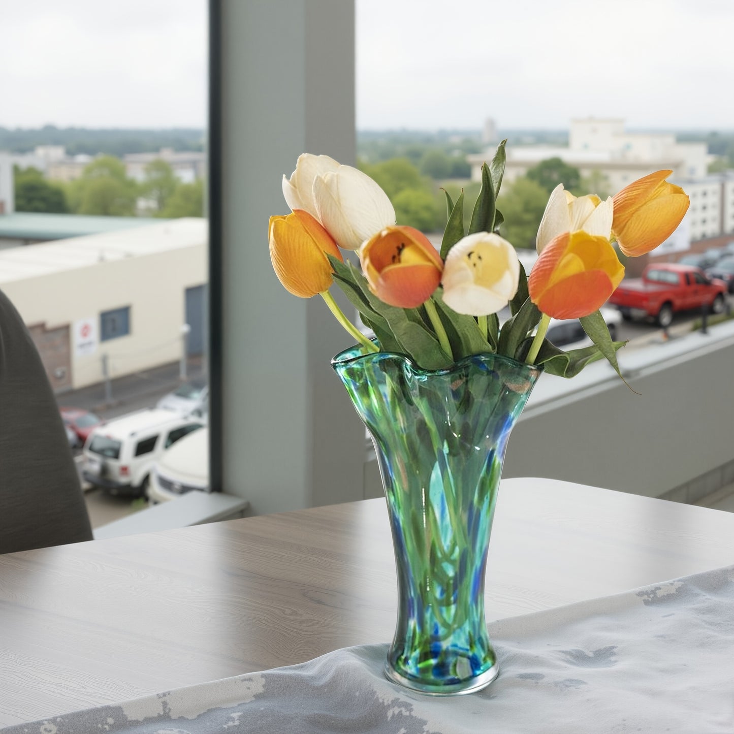 Hand Blown Teal Glass Vase for Fresh Flowers - Wide Mouthed Green Vase for Spring Flower Arrangements, Centerpieces for Bookshelves, Dining Tables, Bedrooms