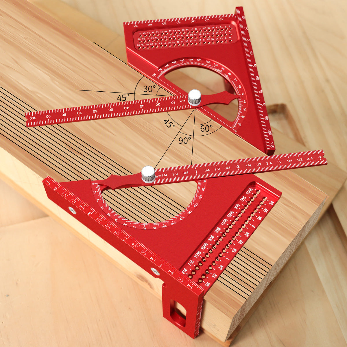Adjustable 3D Carpentry Square Set - 180° Rotating Aluminum Alloy Triangle Ruler with T-Square Scribing Holes, Red & Black Markings, for Precise Woodworking Measurements, Carpentry Square Set