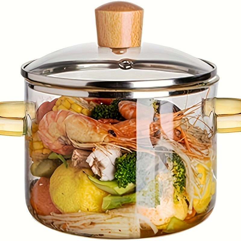54oz Boric Acid Glass Cooking Pot with Yellow Handle, Heat-resistant Transparent Dumpling Pot, Suitable for Stove and Oven, Perfect for Homes and Restaurants, Perfect for Soup and Milk Ramen, Easier to Clean Odorless Kitchen Essentials